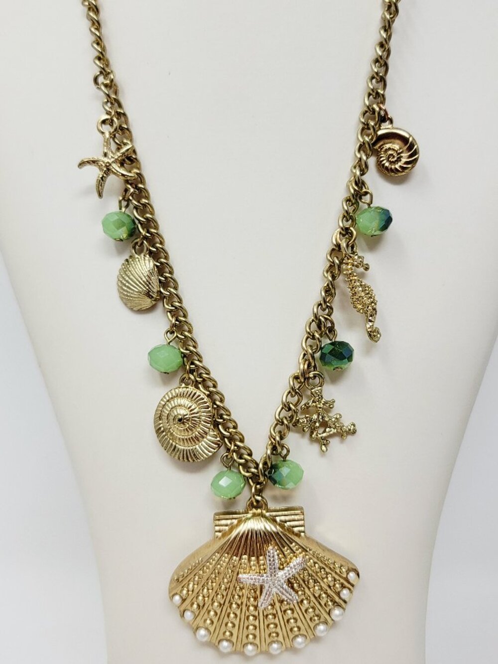 Gold Tone Seashell Starfish Charm Necklace Coastal Beach Statement
